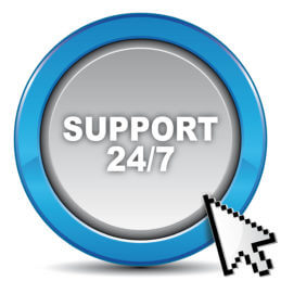 Bild zeigt einen Knopf mit der Beschriftung 24/7 Support, gemeint ist 24-7 IT Support als rund um die Uhr an sieben Tagen