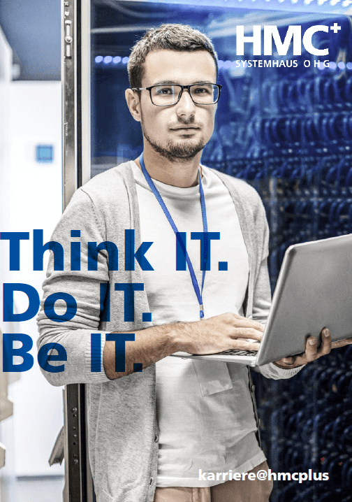 Titelbild des Magazins zur Karrieremesse junger Mann mit Laptop dazu der Slogan Think IT Do IT be IT und das HMC Logo