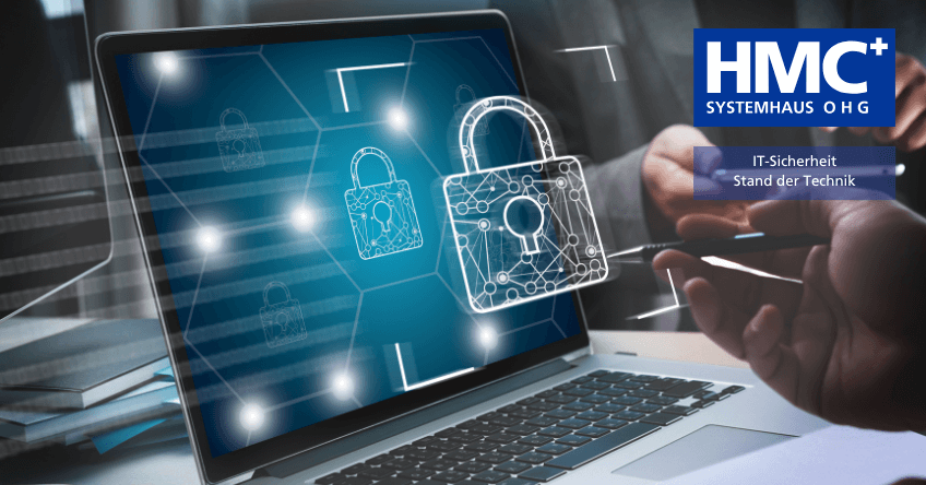 IT-Sicherheit Stand der Technik visualisiert durch eine Schloßgrafik schwebend vor einem Bildschirm