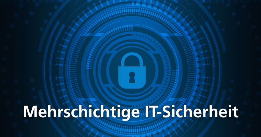 in blau gehaltenes Bild mit der schematischen Darstellung eines Schlosses in der Mitte umgeben von mehreren Ringen. Das Bild soll die Mehrschichtige IT-Sicherheit symbolisieren.