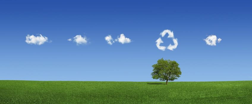 Wolken über grüner Landschaft als Symbol für Umwelt und Recycling