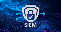 Blaues Hintergrundbild zur Symbolisierung einer Cyber bzw DAten Thematik im Vordergrund ein Symbol für Sicherheit und das Wort SIEM