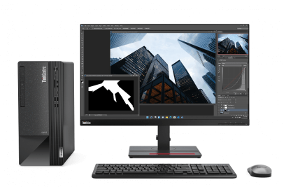 Lenovo ThinkCentre neo 50s mit Monitor vor weißem Hintergrund